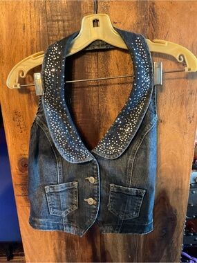 bebe Dark Blue Denim Vest with Pink Logo and Rhinestone Collar
